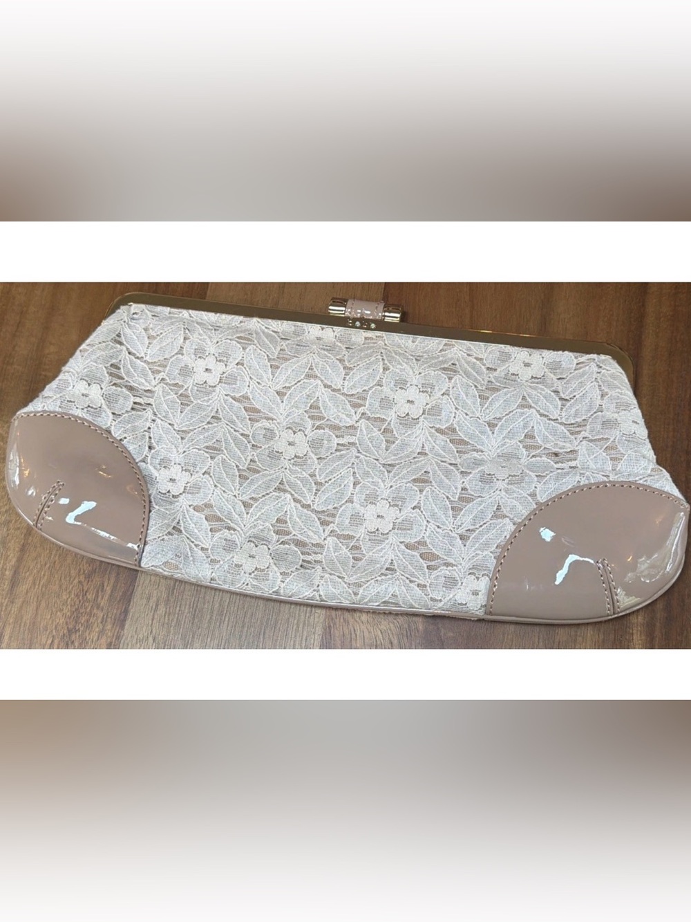 bebe Lace & Beige Patent Leather Clutch Evening Bag Formal Purse Prom Coquette